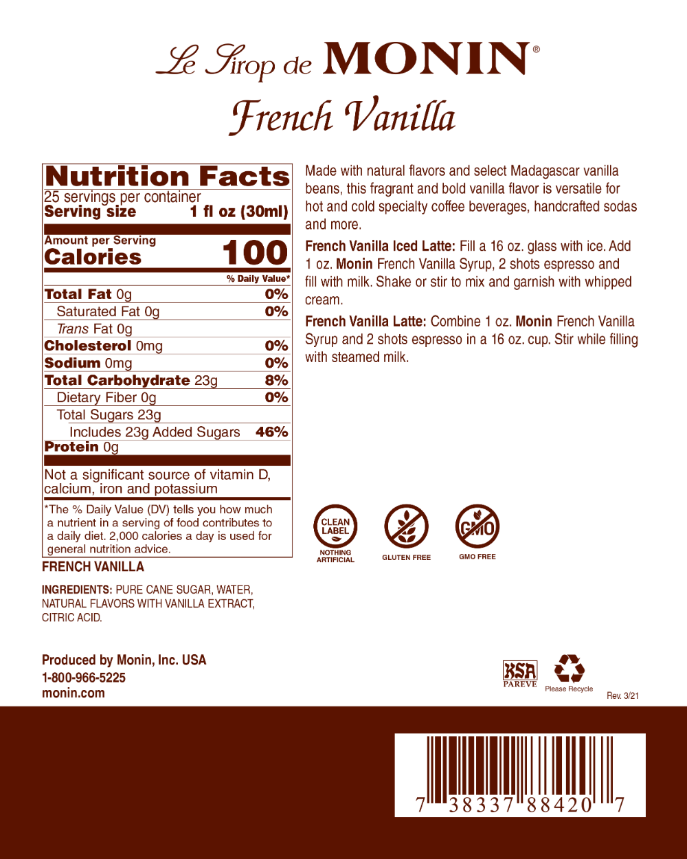 French Vanilla Syrup - 750ML